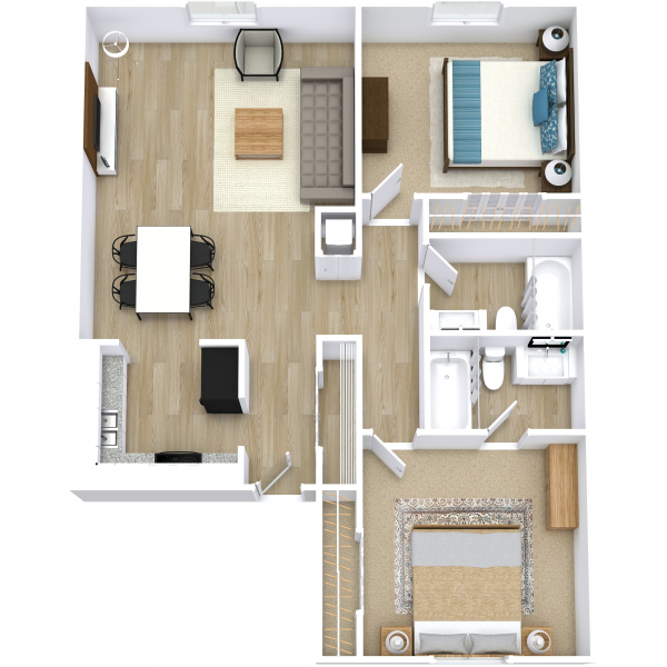 Floor plan for 2 beds, 2 baths, 965 sqft